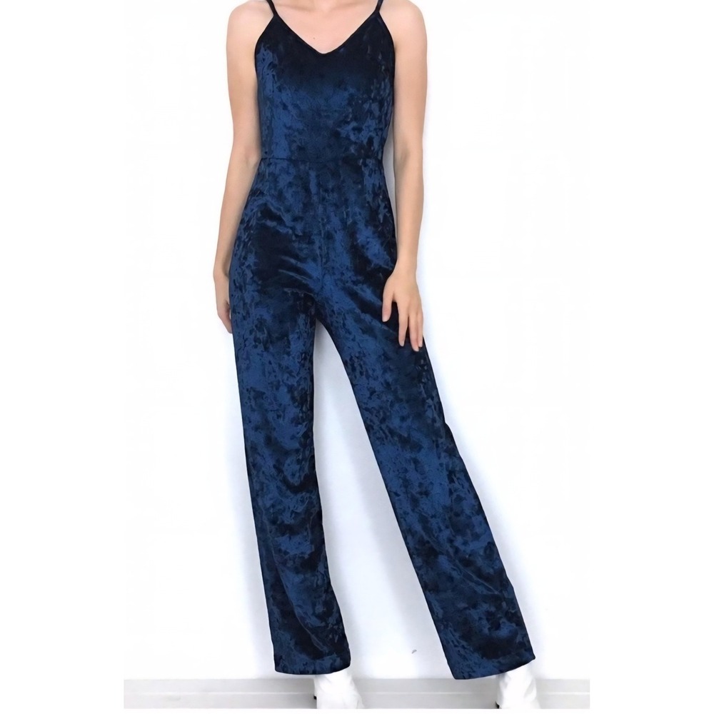 Blue Velvet Crushed Strappy Jumpsuit Wide Leg Palazzo Elegant Evening size M